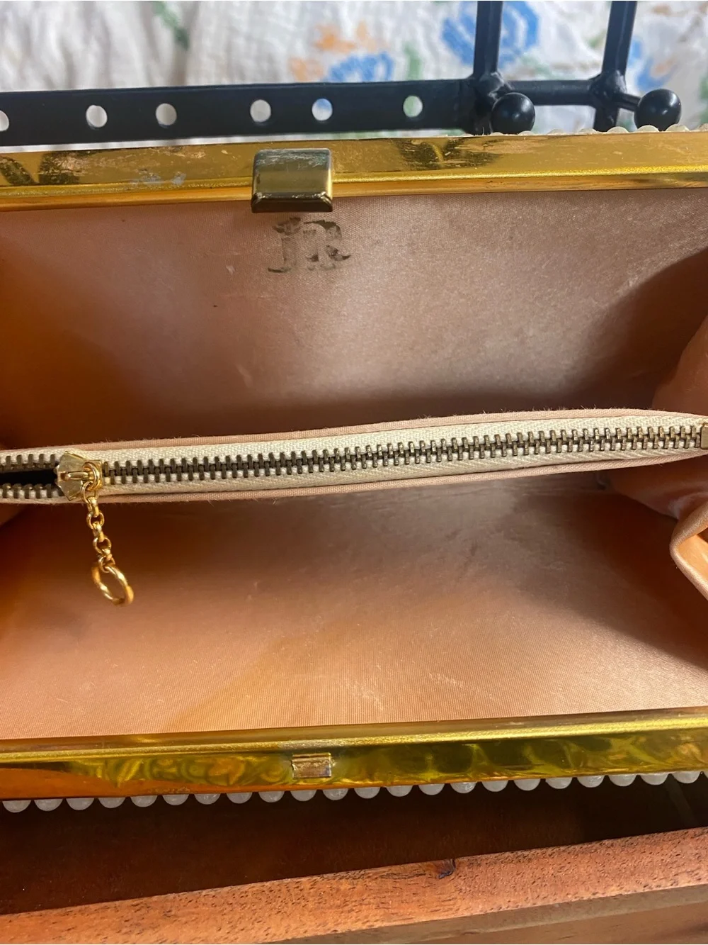 Vintage Pearl Tone Beaded Clutch with Gold Trim
